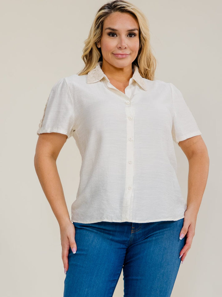 PLUS SIZE SHORT SLEEVE BUTTON UP CROCHET TRIM BLOUSE