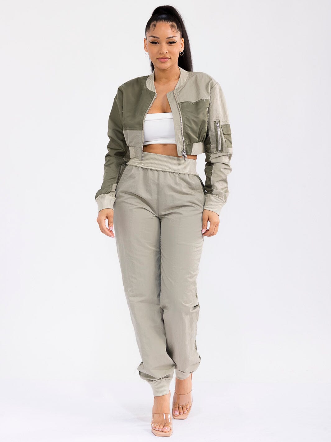 WOMEN'S LONG SLEEVE JACKET & ELASTIC WAIST PANTS COLORBLOCK 2PC. SET