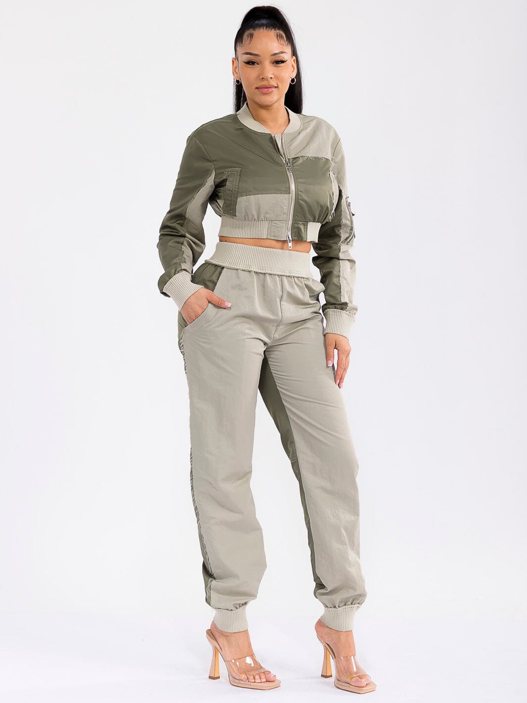 WOMEN'S LONG SLEEVE JACKET & ELASTIC WAIST PANTS COLORBLOCK 2PC. SET