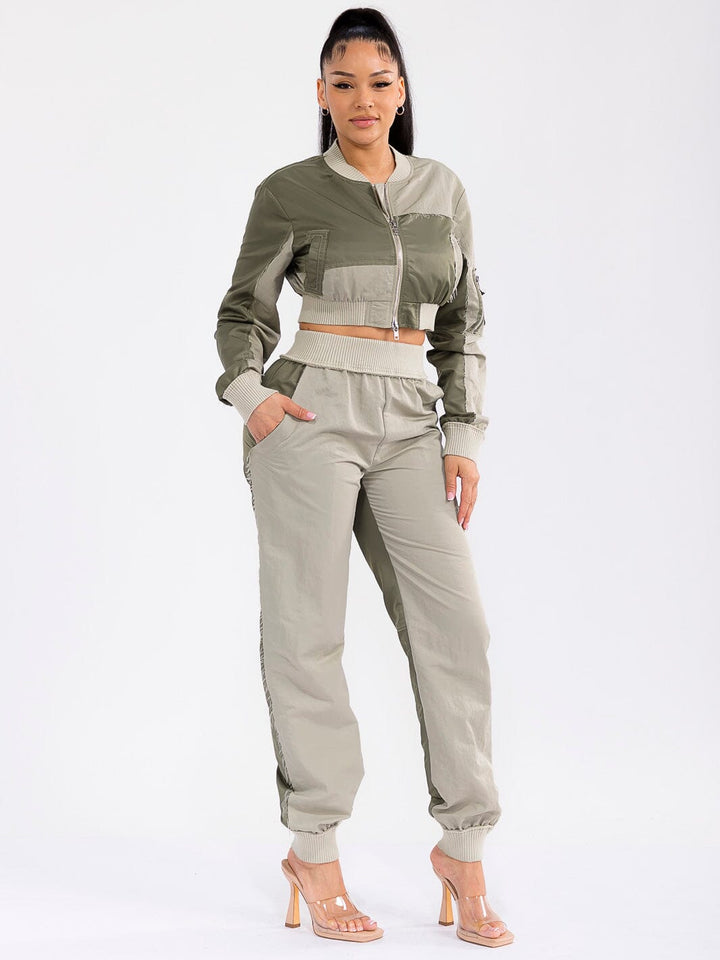 WOMEN'S LONG SLEEVE JACKET & ELASTIC WAIST PANTS COLORBLOCK 2PC. SET