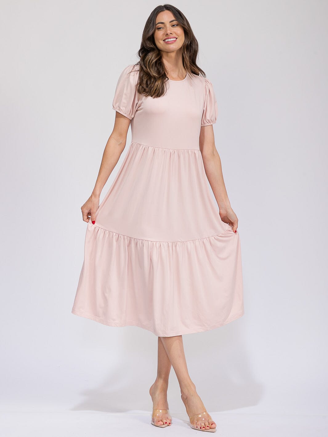 WOMEN'S SHORT SLEEVE FRONT POCKETS TIERED MAXI DRESS