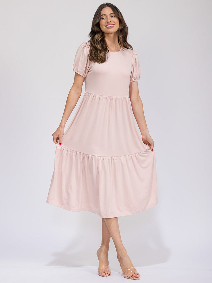 WOMEN'S SHORT SLEEVE FRONT POCKETS TIERED MAXI DRESS
