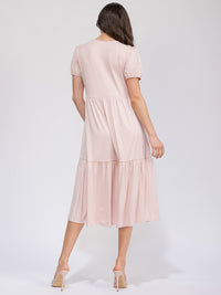 WOMEN'S SHORT SLEEVE FRONT POCKETS TIERED MAXI DRESS
