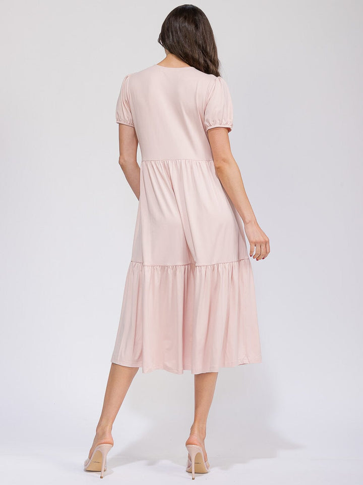 WOMEN'S SHORT SLEEVE FRONT POCKETS TIERED MAXI DRESS