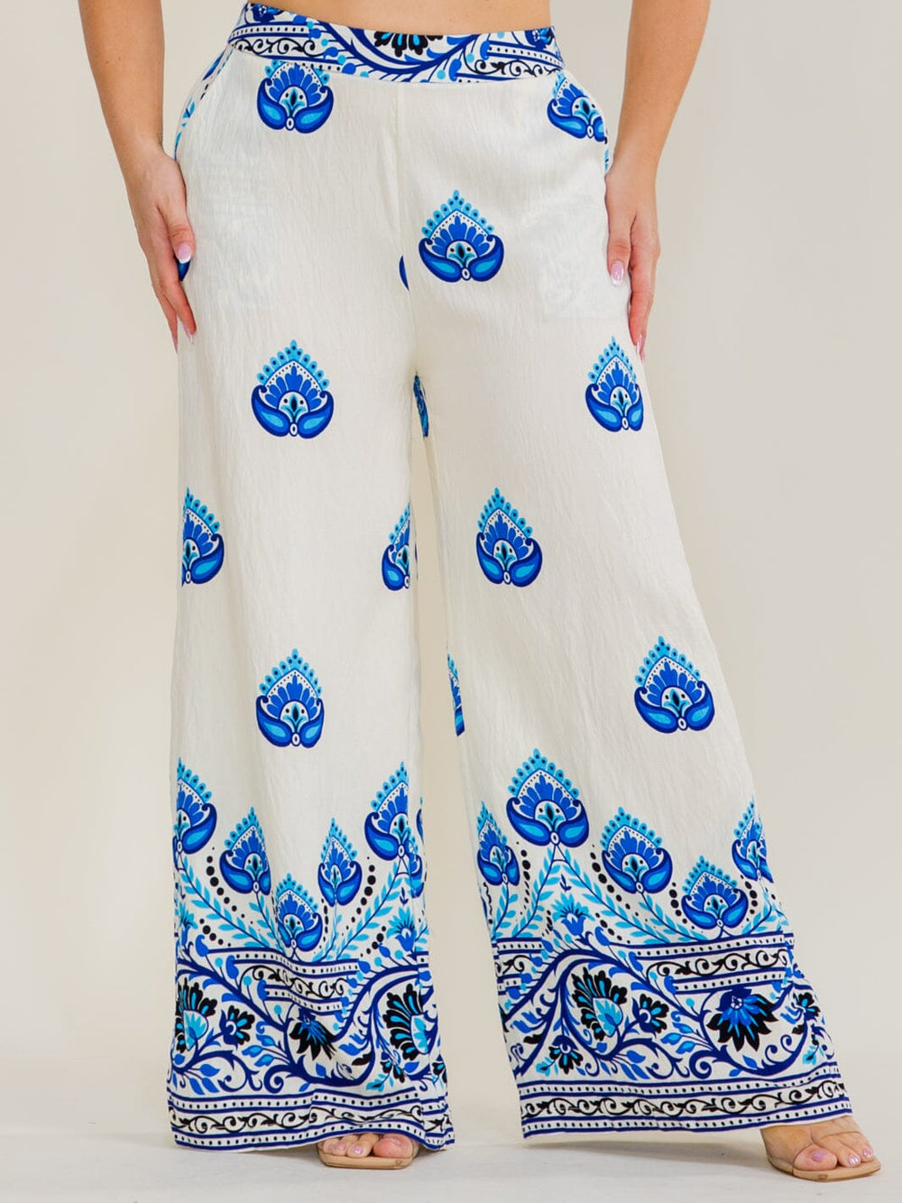 WOMEN'S ELASTIC WAIST FRONT POCKETS WIDE LEG MULTI PRINT PANTS