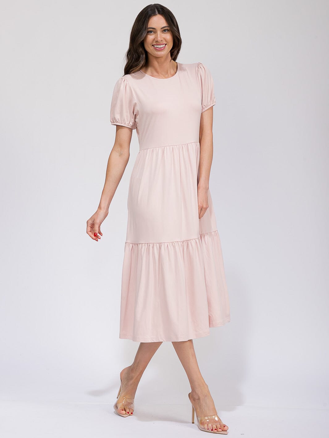WOMEN'S SHORT SLEEVE FRONT POCKETS TIERED MAXI DRESS