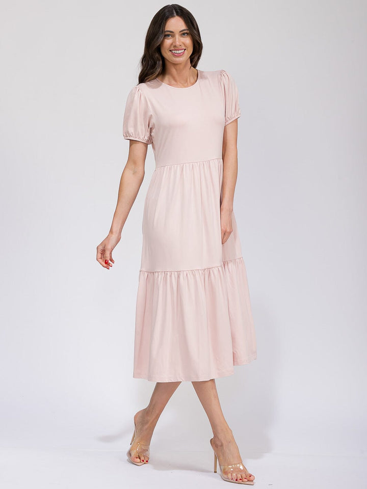 WOMEN'S SHORT SLEEVE FRONT POCKETS TIERED MAXI DRESS