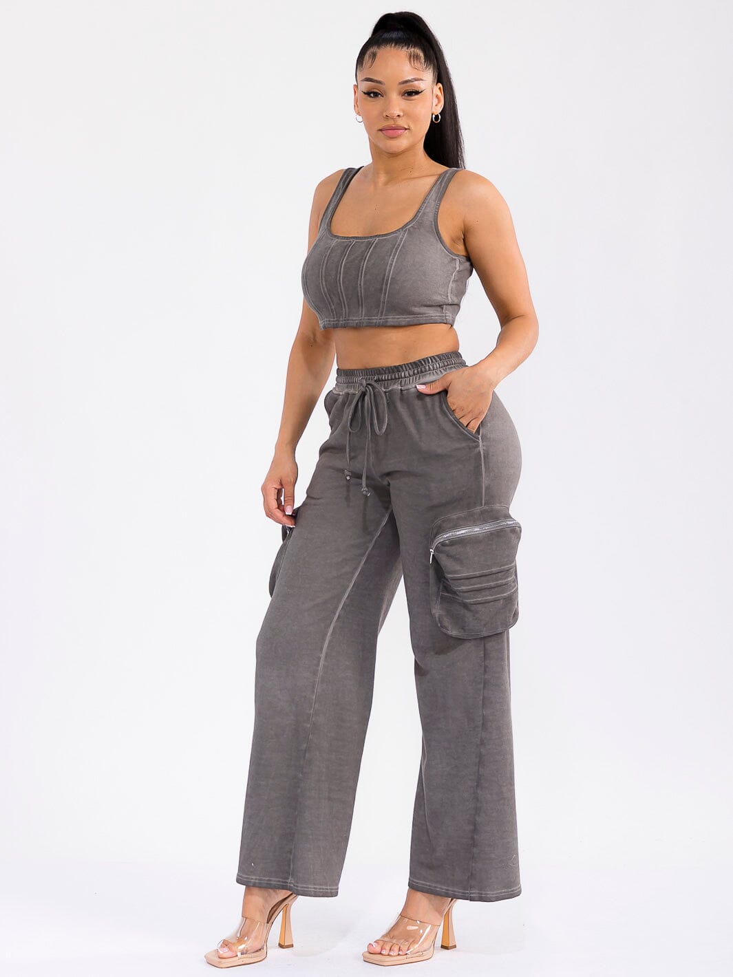 WOMEN'S SLEEVELESS CROP TOP & ELASTIC WAIST PANTS WASHED 2PC. SET