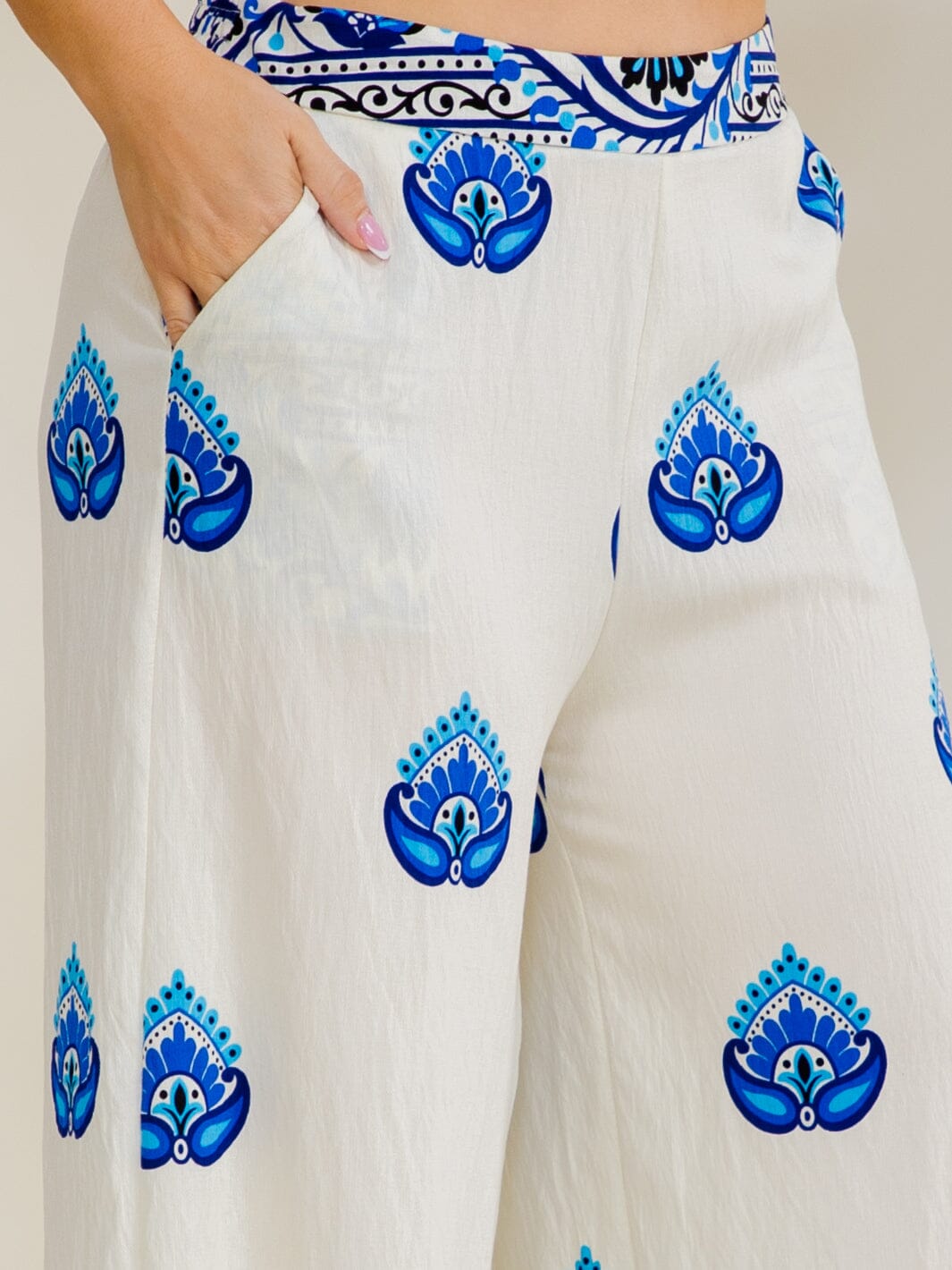 WOMEN'S ELASTIC WAIST FRONT POCKETS WIDE LEG MULTI PRINT PANTS