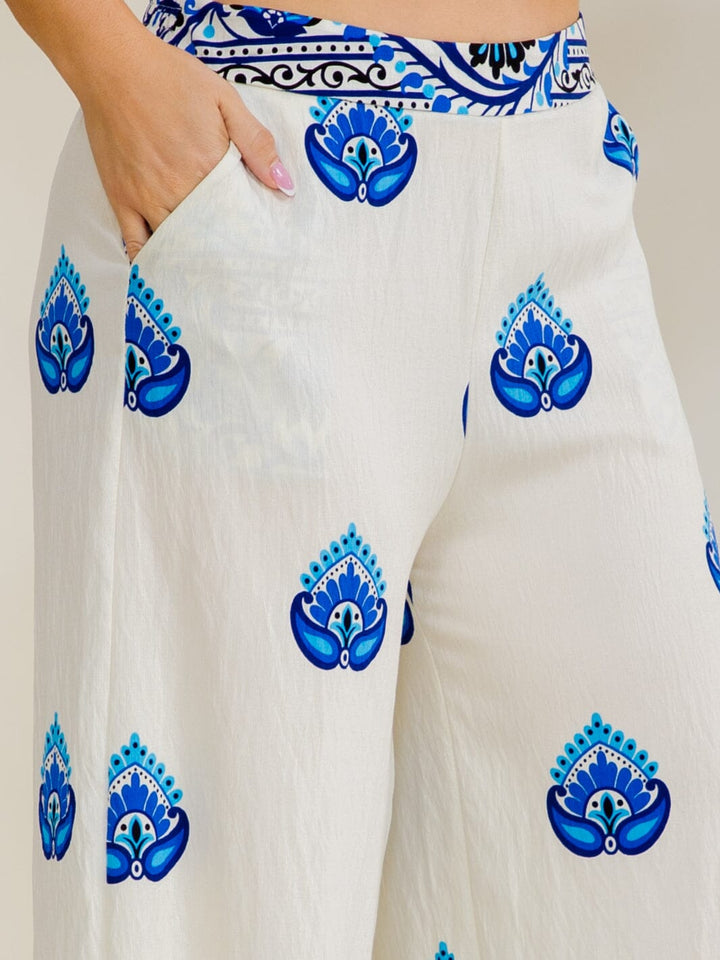 WOMEN'S ELASTIC WAIST FRONT POCKETS WIDE LEG MULTI PRINT PANTS