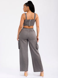 WOMEN'S SLEEVELESS CROP TOP & ELASTIC WAIST PANTS WASHED 2PC. SET