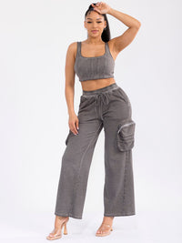 WOMEN'S SLEEVELESS CROP TOP & ELASTIC WAIST PANTS WASHED 2PC. SET