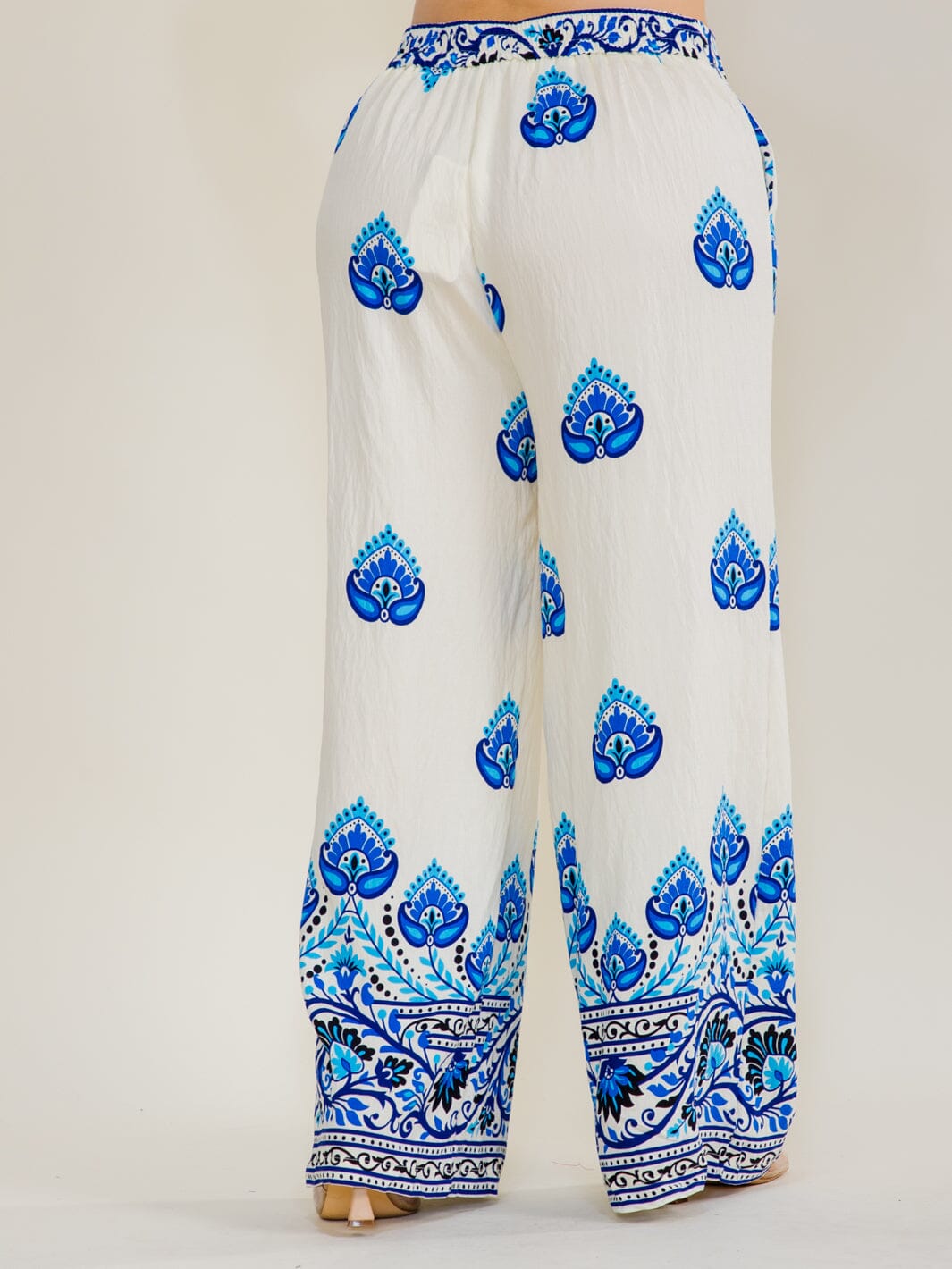 WOMEN'S ELASTIC WAIST FRONT POCKETS WIDE LEG MULTI PRINT PANTS