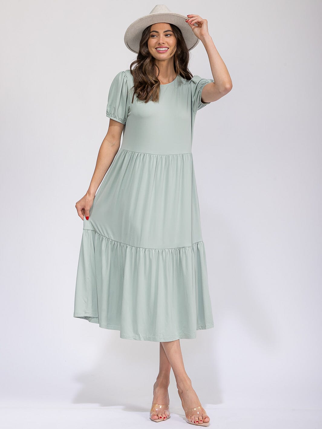 WOMEN'S SHORT SLEEVE FRONT POCKETS TIERED MAXI DRESS
