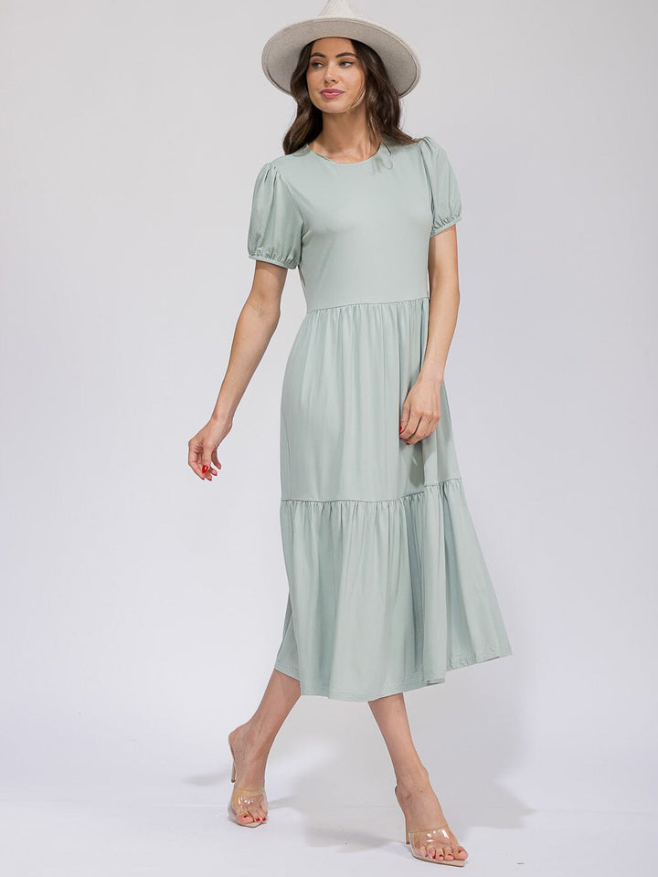 WOMEN'S SHORT SLEEVE FRONT POCKETS TIERED MAXI DRESS