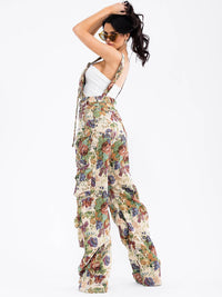 WOMEN'S SLEEVELESS CARGO POCKETS FLORAL WIDE LEG OVERALL