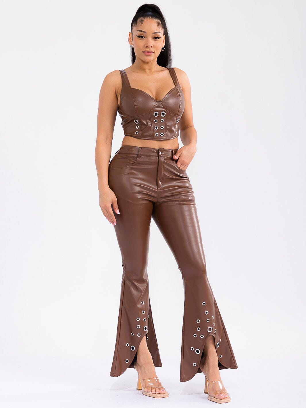 WOMEN'S SLEEVELESS CROP TOP & BUTTON CLOSURE PANTS PU PLEATHER 2PC. SET