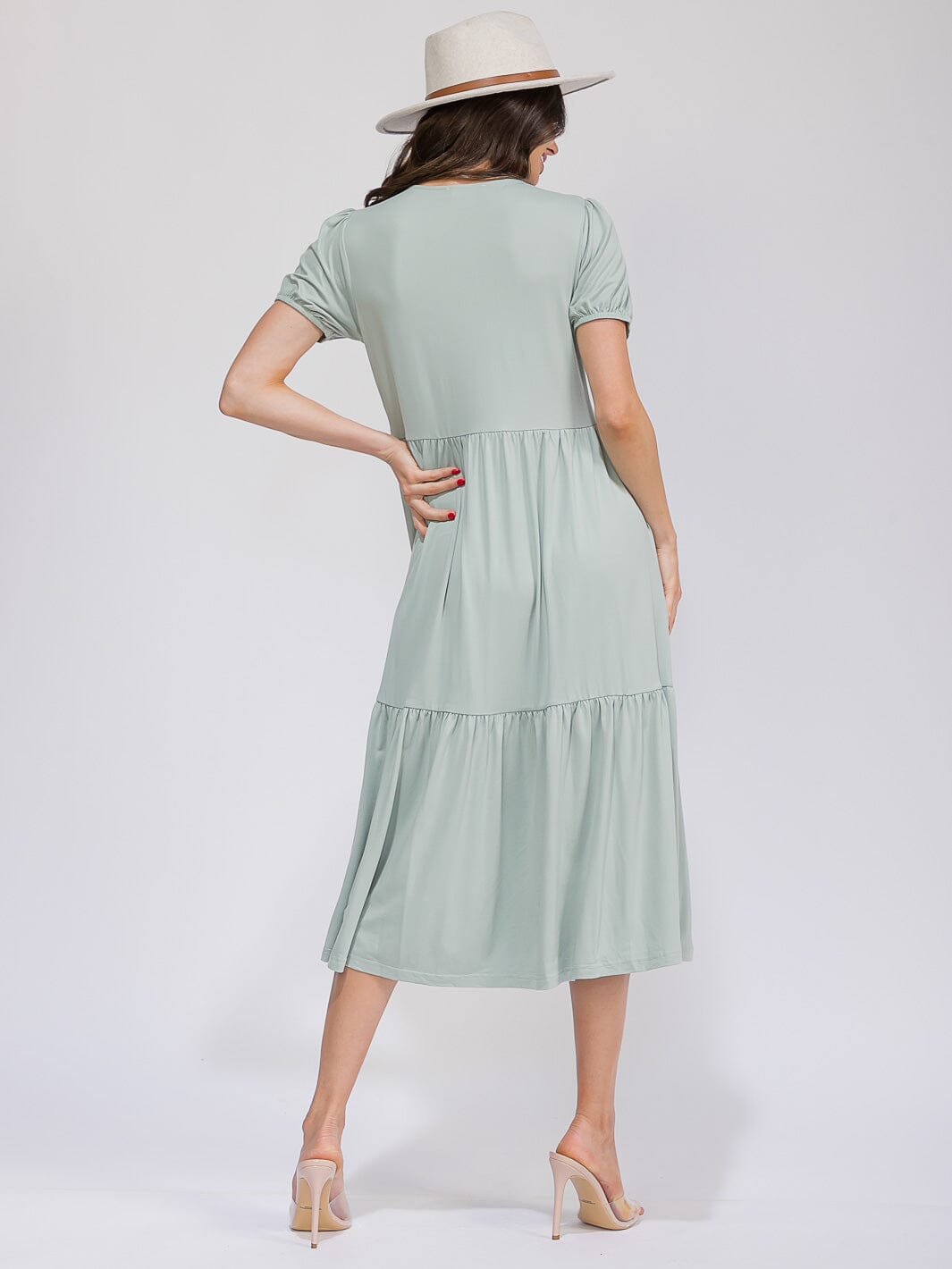 WOMEN'S SHORT SLEEVE FRONT POCKETS TIERED MAXI DRESS