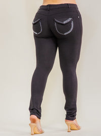 WOMEN'S BUTTON CLOSURE BACK POCKETS RHINESTONES SKINNY LEG LEGGINGS