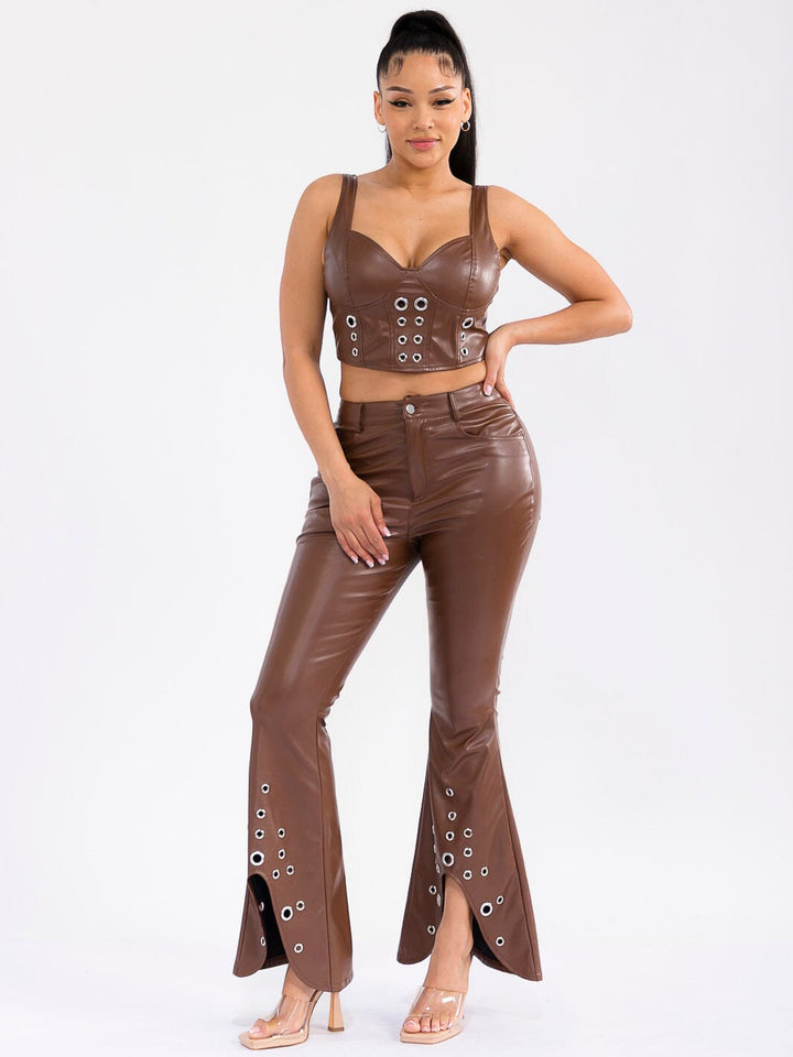 WOMEN'S SLEEVELESS CROP TOP & BUTTON CLOSURE PANTS PU PLEATHER 2PC. SET