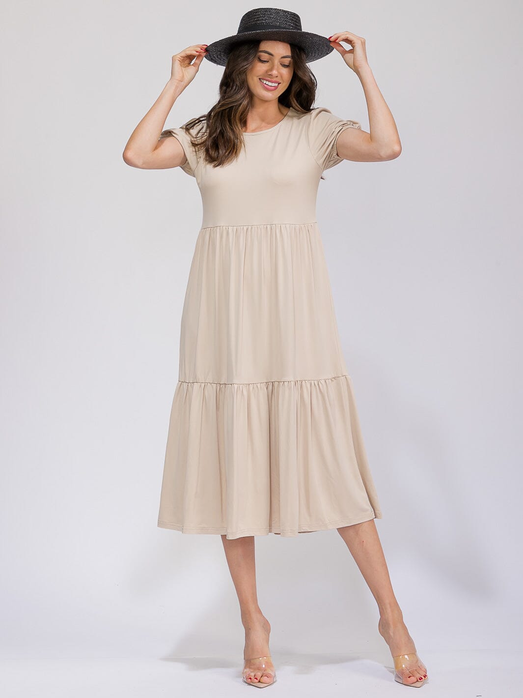 WOMEN'S SHORT SLEEVE FRONT POCKETS TIERED MAXI DRESS