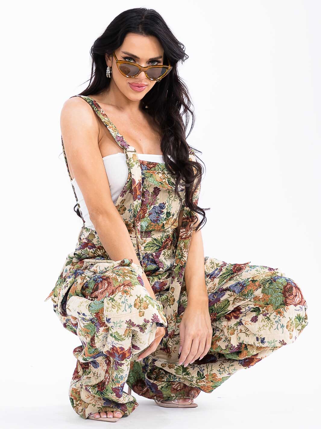 WOMEN'S SLEEVELESS CARGO POCKETS FLORAL WIDE LEG OVERALL