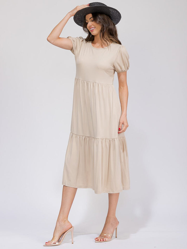WOMEN'S SHORT SLEEVE FRONT POCKETS TIERED MAXI DRESS