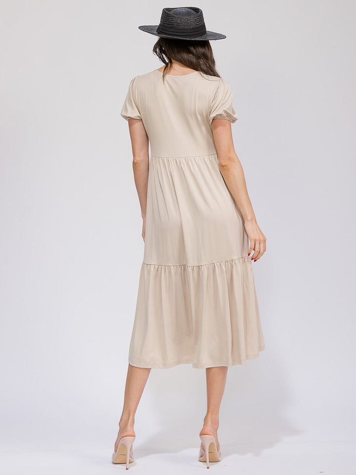 WOMEN'S SHORT SLEEVE FRONT POCKETS TIERED MAXI DRESS