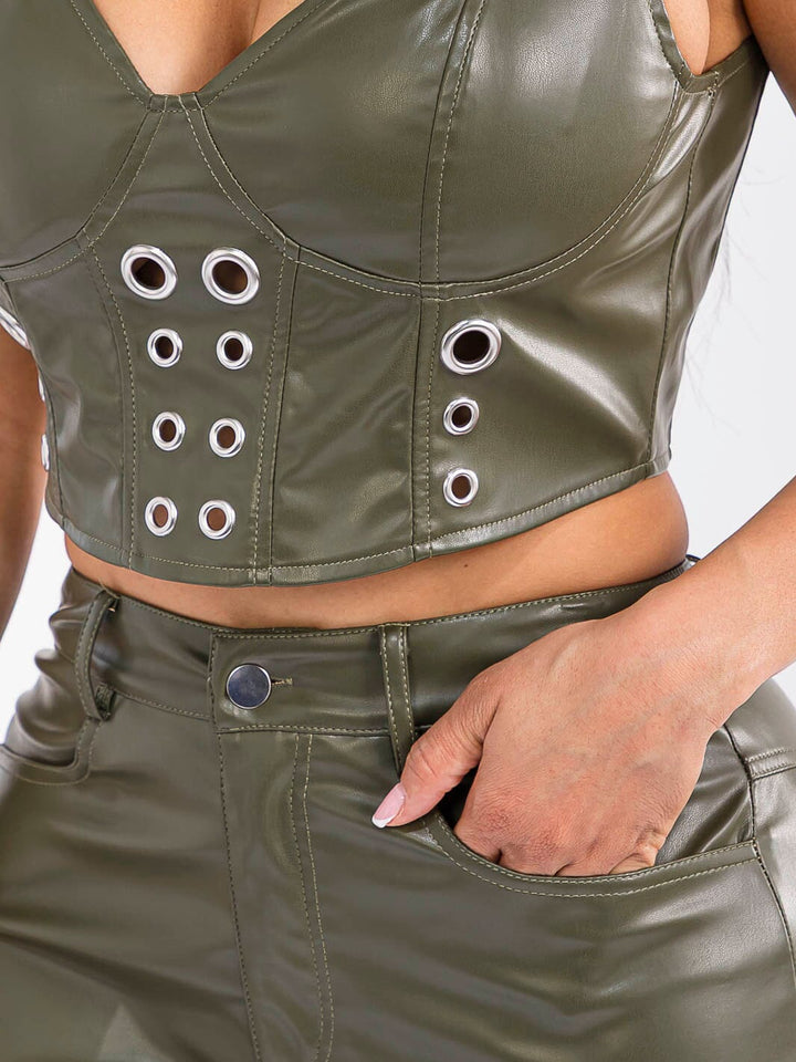 WOMEN'S SLEEVELESS CROP TOP & BUTTON CLOSURE PANTS PU PLEATHER 2PC. SET