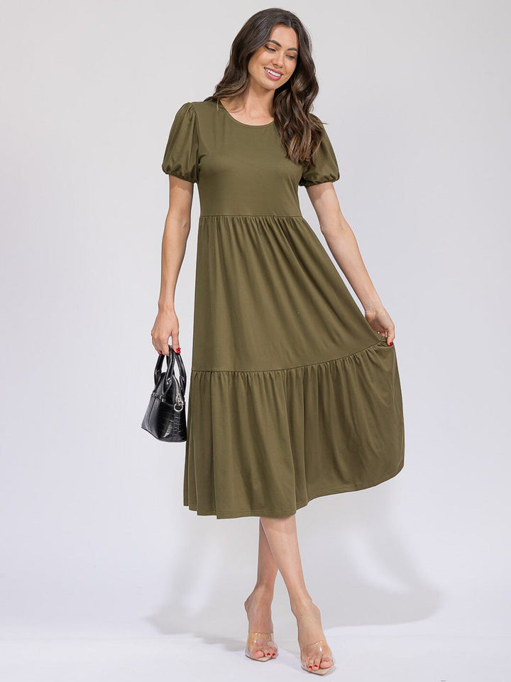 WOMEN'S SHORT SLEEVE FRONT POCKETS TIERED MAXI DRESS