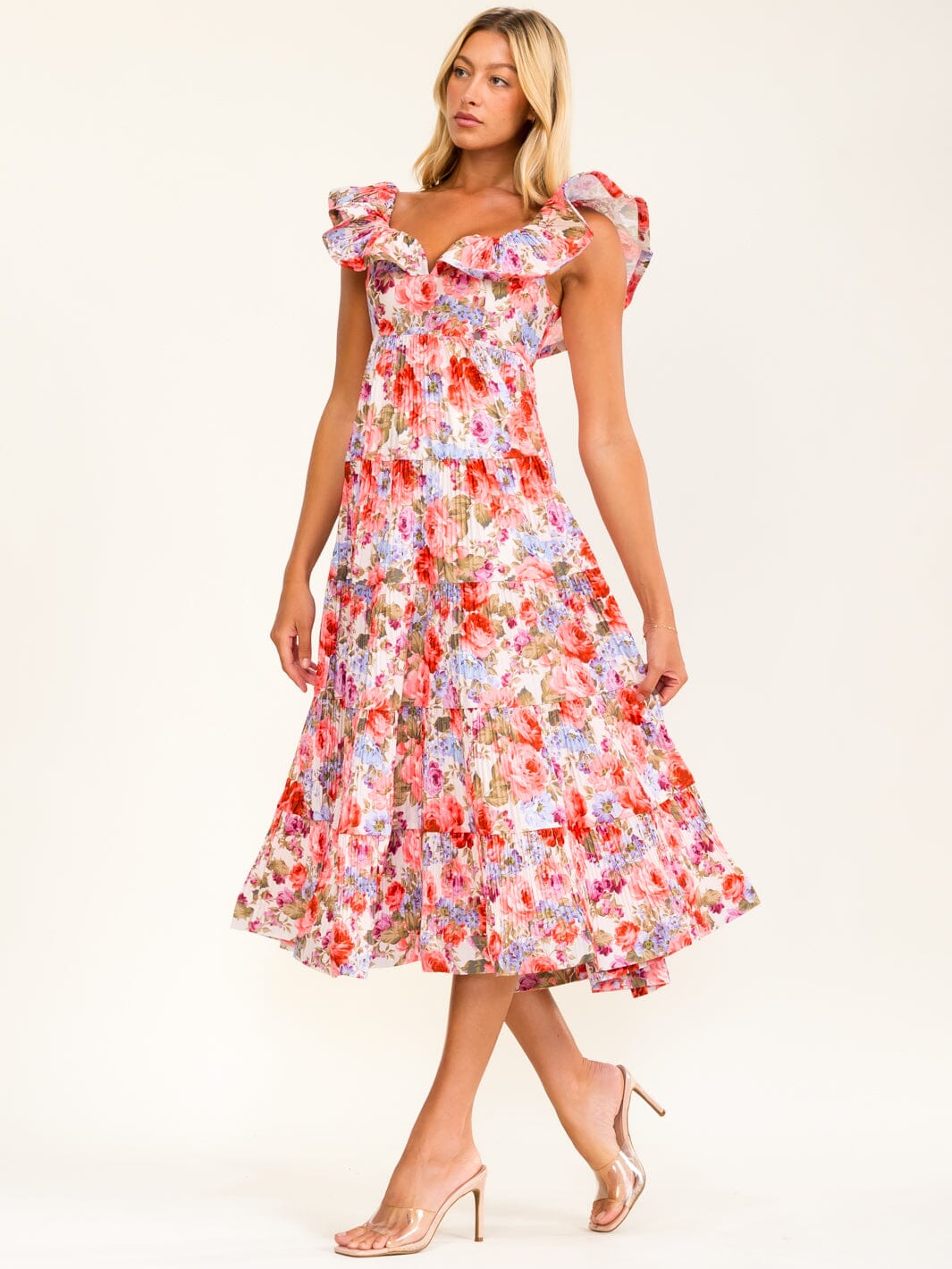 BEULAH WOMEN'S RUFFLE V-NECK PLEATED FLORAL MAXI DRESS