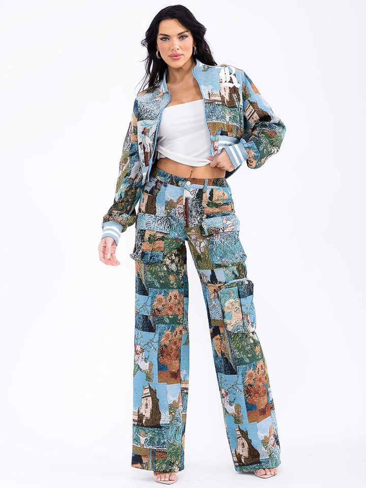 WOMEN'S BUTTON CLOSURE CARGO POCKETS WIDE LEG MULTI PRINT PANTS