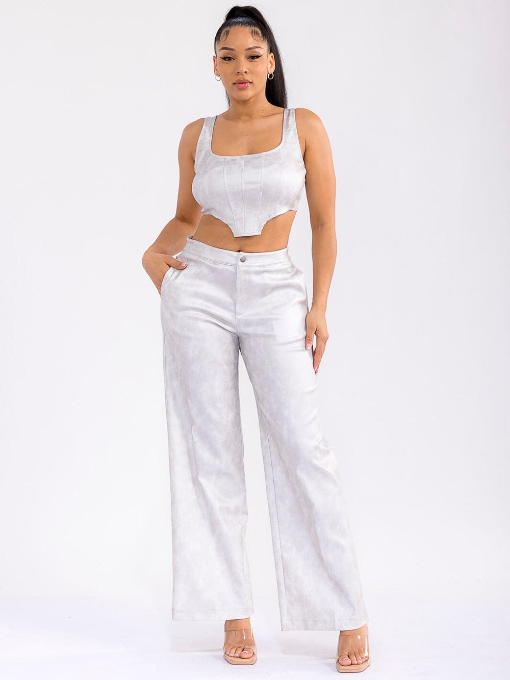 WOMEN'S SLEEVELESS CROP TOP & BUTTON CLOSURE PANTS PU PLEATHER 2PC. SET