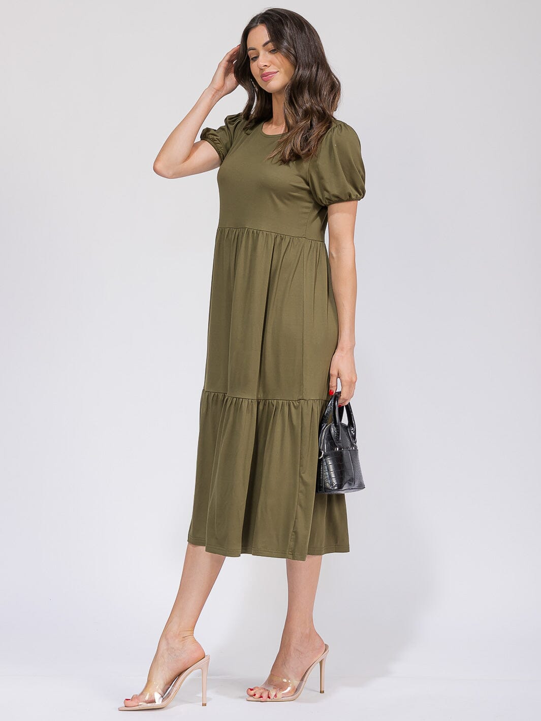 WOMEN'S SHORT SLEEVE FRONT POCKETS TIERED MAXI DRESS