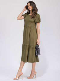 WOMEN'S SHORT SLEEVE FRONT POCKETS TIERED MAXI DRESS