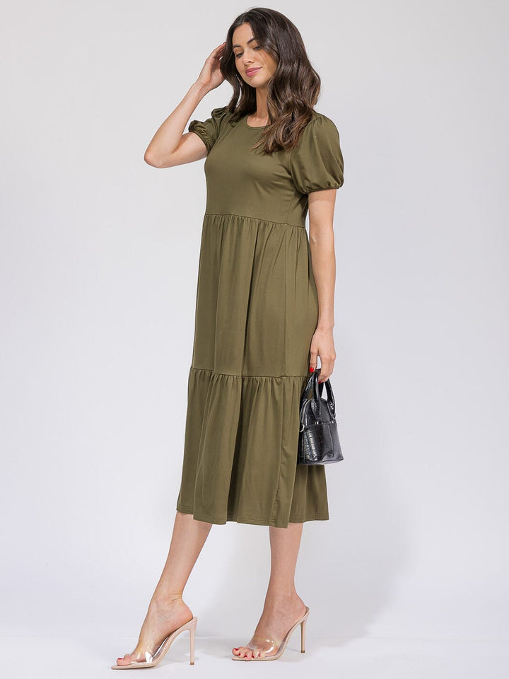 WOMEN'S SHORT SLEEVE FRONT POCKETS TIERED MAXI DRESS