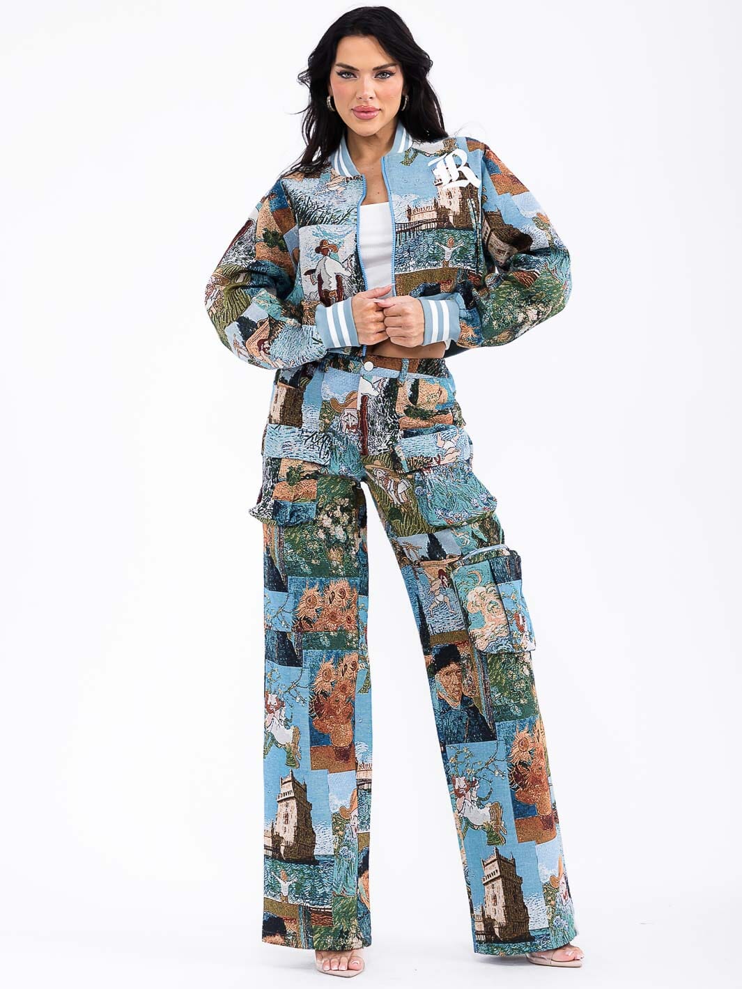 WOMEN'S ZIP UP JACKET & BUTTON CLOSURE PANTS MULTI PRINT 2PC. SET