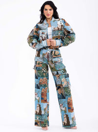 WOMEN'S ZIP UP JACKET & BUTTON CLOSURE PANTS MULTI PRINT 2PC. SET