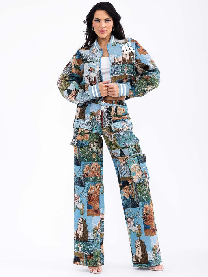 WOMEN'S ZIP UP JACKET & BUTTON CLOSURE PANTS MULTI PRINT 2PC. SET