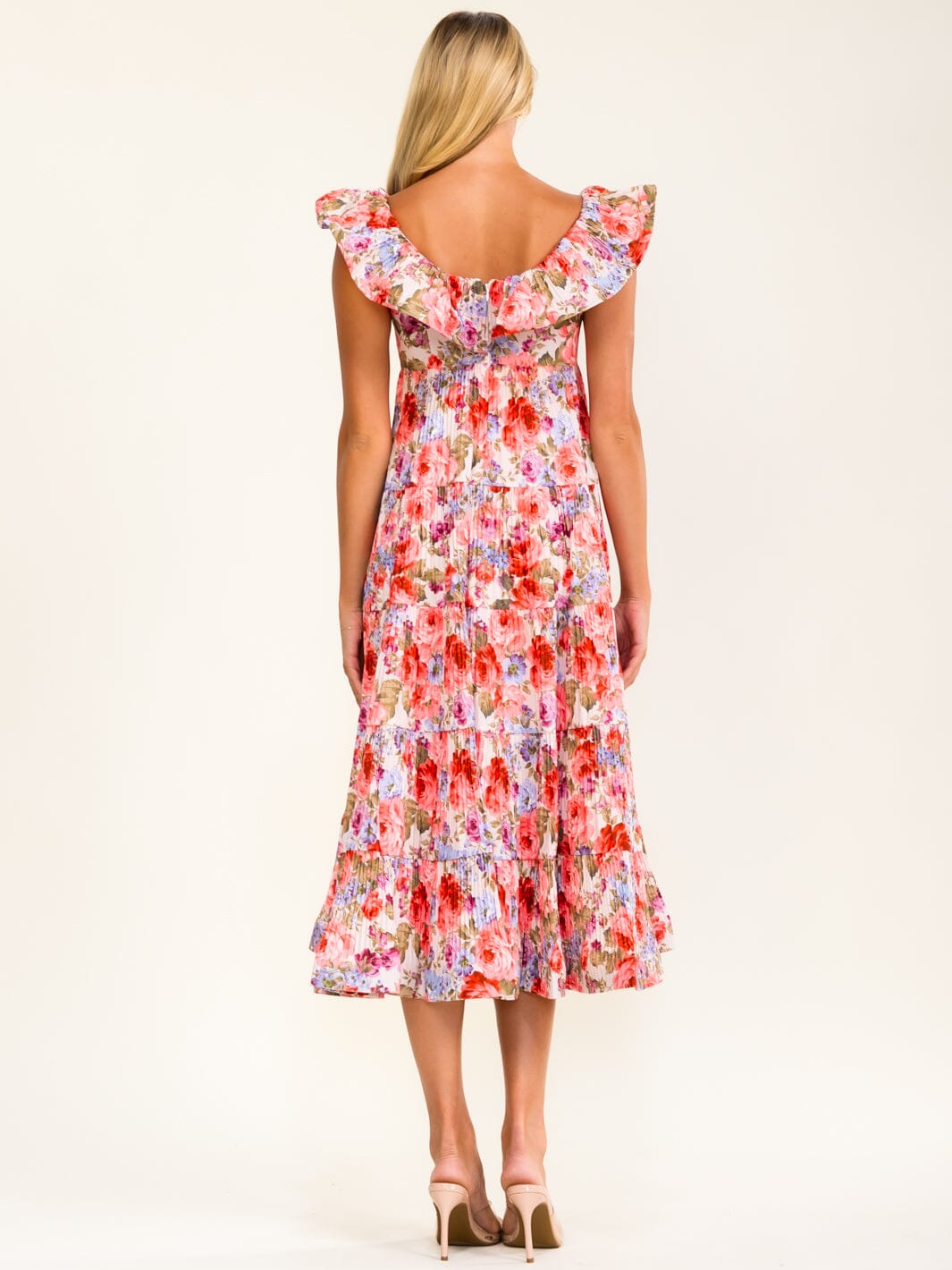 BEULAH WOMEN'S RUFFLE V-NECK PLEATED FLORAL MAXI DRESS