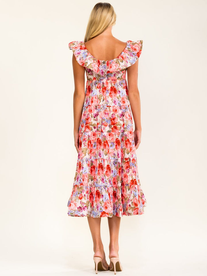BEULAH WOMEN'S RUFFLE V-NECK PLEATED FLORAL MAXI DRESS