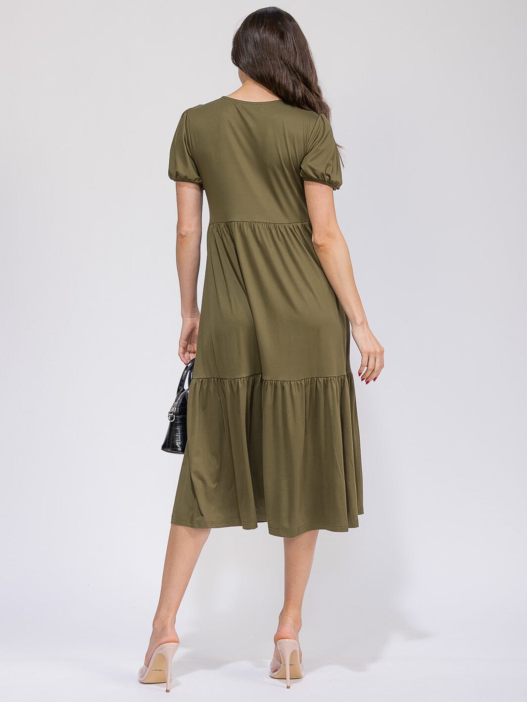 WOMEN'S SHORT SLEEVE FRONT POCKETS TIERED MAXI DRESS