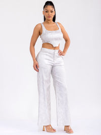 WOMEN'S SLEEVELESS CROP TOP & BUTTON CLOSURE PANTS PU PLEATHER 2PC. SET