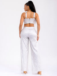 WOMEN'S SLEEVELESS CROP TOP & BUTTON CLOSURE PANTS PU PLEATHER 2PC. SET