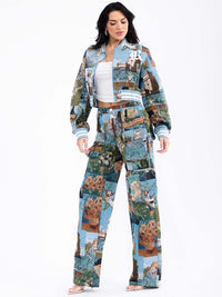 WOMEN'S ZIP UP JACKET & BUTTON CLOSURE PANTS MULTI PRINT 2PC. SET