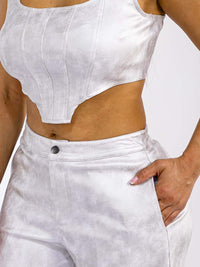 WOMEN'S SLEEVELESS CROP TOP & BUTTON CLOSURE PANTS PU PLEATHER 2PC. SET