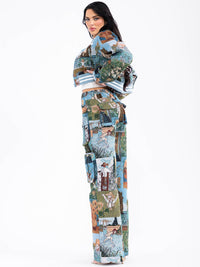 WOMEN'S BUTTON CLOSURE CARGO POCKETS WIDE LEG MULTI PRINT PANTS