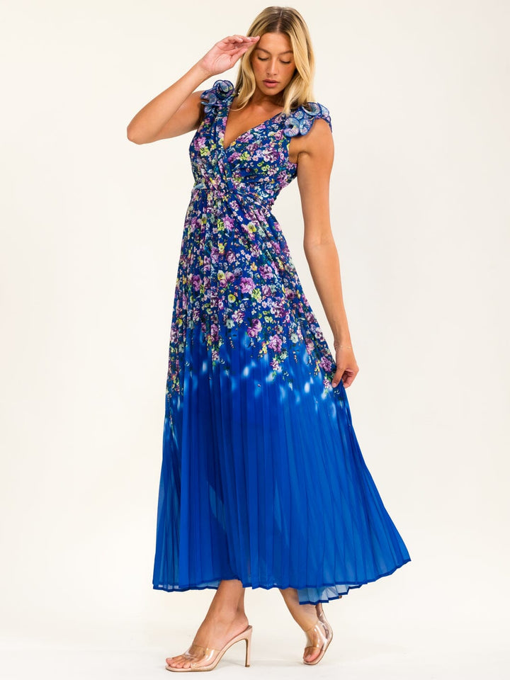 BEULAH WOMEN'S RUFFLE V-NECK PLEATED FLORAL MAXI DRESS