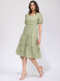 WOMEN'S SHORT SLEEVE SQUARE NECK FRONT POCKETS TIERED MIDI DRESS