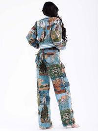 WOMEN'S BUTTON CLOSURE CARGO POCKETS WIDE LEG MULTI PRINT PANTS